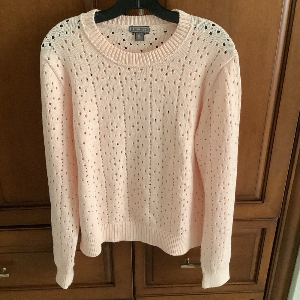 LADIES J. CREW POINT SUR PINK CREW NECK POINTELLE NECK COTTON SWEATER SZ XXL
